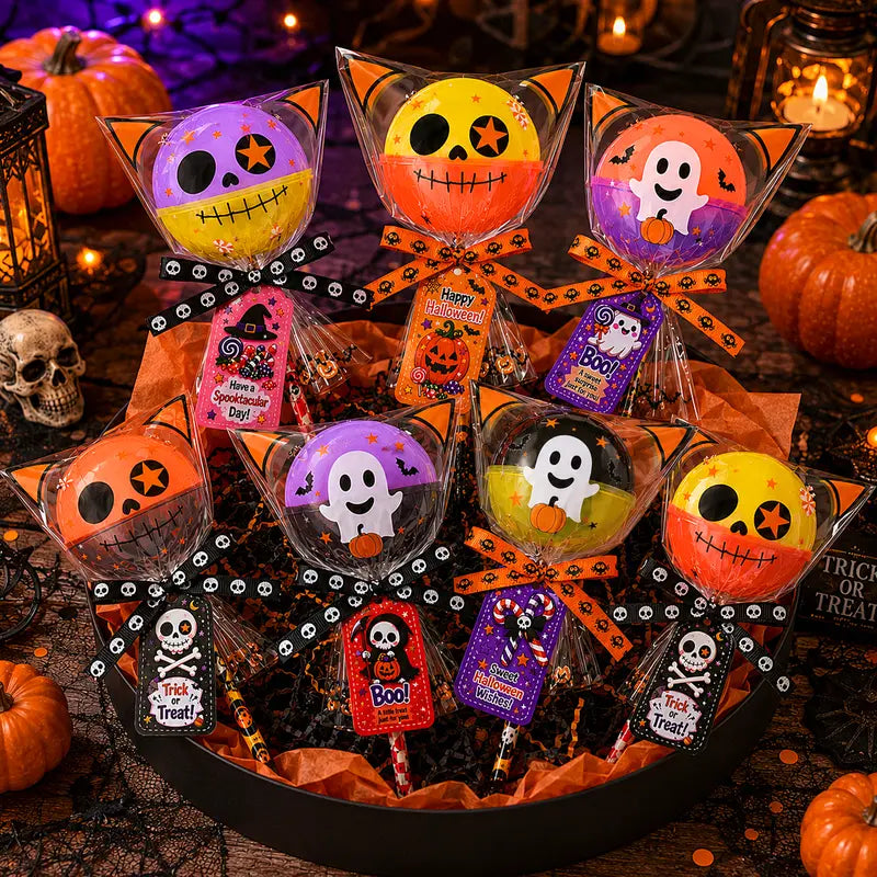 Unisex 24-Pack 2026 Upgraded Light-Up Giant Halloween Lollipop Stationery Kit with Cards, Halloween Party Favors for Kids, Classroom Exchange Gifts