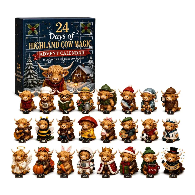 24-Day Highland Cow Advent Calendar – Christmas Countdown Gift Box with Collectible Festive Holiday Home Decor Toy Set