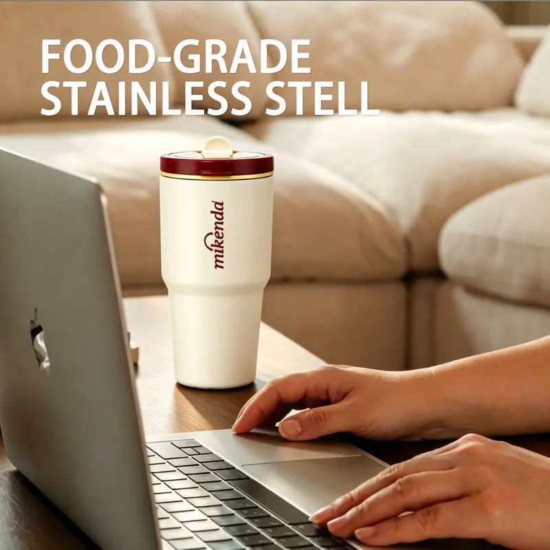 1PC Hidden Carry Handle Insulated Coffee Tumbler with Straw, Insulated Flask, Stainless Steel Vacuum Travel Mug with Lid, Portable Leak Resistant Cup, Car Cup Holder Friendly, for Women, Office School Outdoor Daily Use, Birthday Holiday Gift