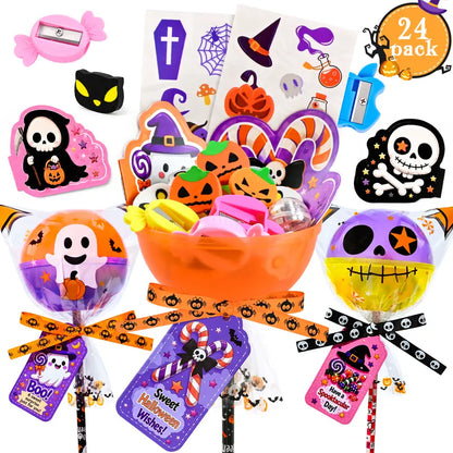 Unisex 24-Pack 2026 Upgraded Light-Up Giant Halloween Lollipop Stationery Kit with Cards, Halloween Party Favors for Kids, Classroom Exchange Gifts
