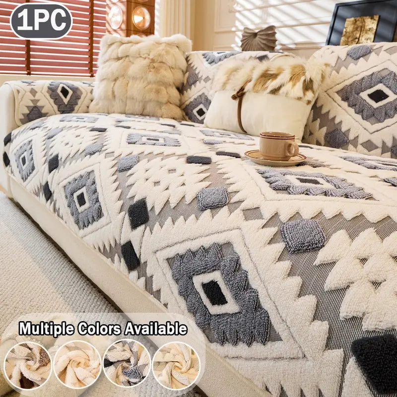 Geometric Plush Sofa Cover, Anti-Slip & Pet-Friendly