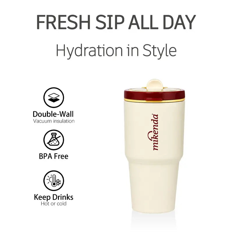 1PC Hidden Carry Handle Insulated Coffee Tumbler with Straw, Insulated Flask, Stainless Steel Vacuum Travel Mug with Lid, Portable Leak Resistant Cup, Car Cup Holder Friendly, for Women, Office School Outdoor Daily Use, Birthday Holiday Gift