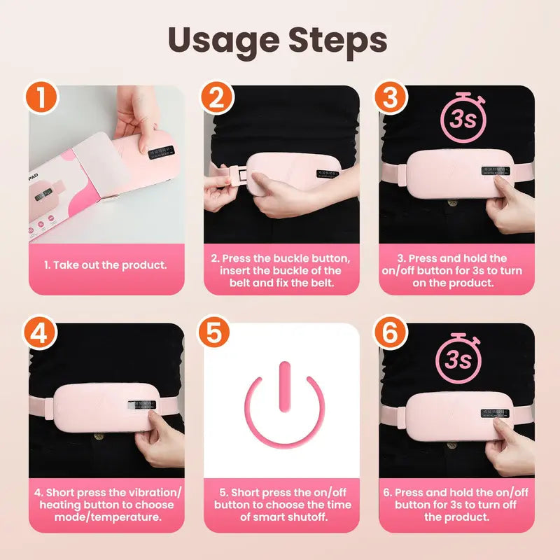 Portable Period Warming Belt for Women & Teen Girls – 5-Level Temp & Vibration, 15/30 Min Timer, Adjustable Strap, USB Rechargeable