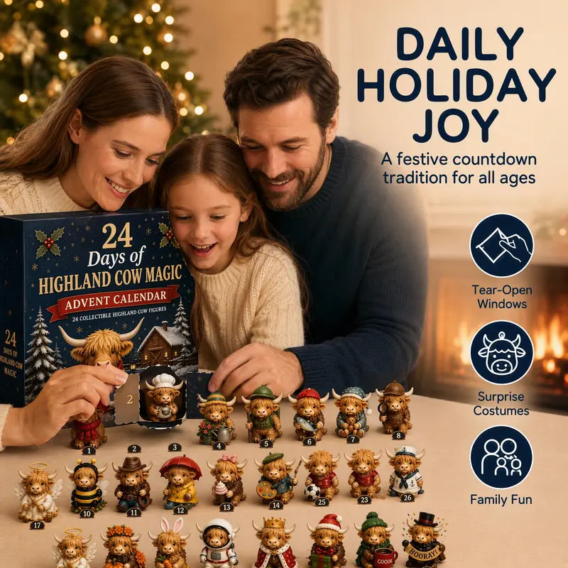 24-Day Highland Cow Advent Calendar – Christmas Countdown Gift Box with Collectible Festive Holiday Home Decor Toy Set