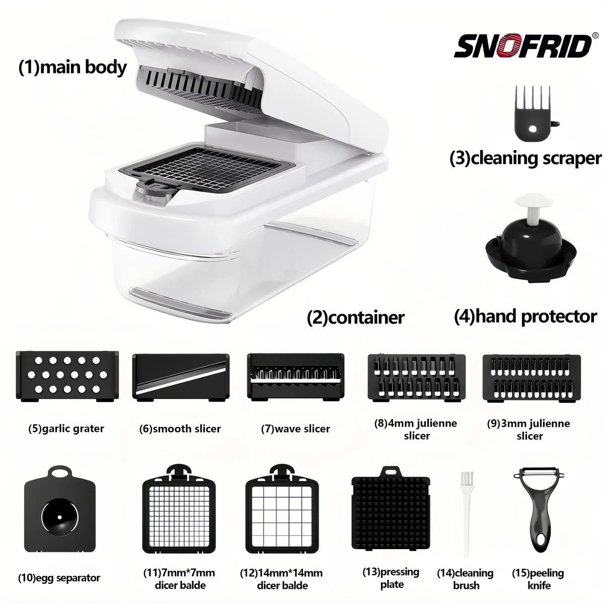 Snofrid Vegetable Chopper,15-in-1 Multifunctional Food Chopper,Professional Onion Chopper with 8 Blades,Vegetable Cutter with Container for Salad,Potato,Carrot,and Garlic; Essential Kitchen Tool