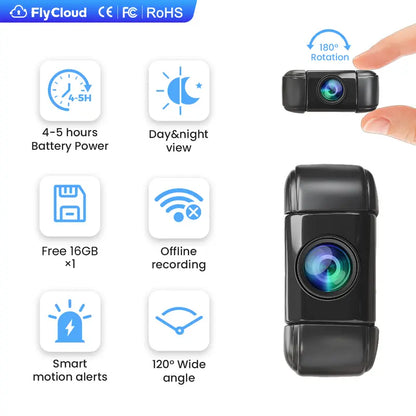 FlyCloud 7 Body Camera – 1080P HD, Night Vision, Wi-Fi, AI Motion Detection, Free 16GB TF Card