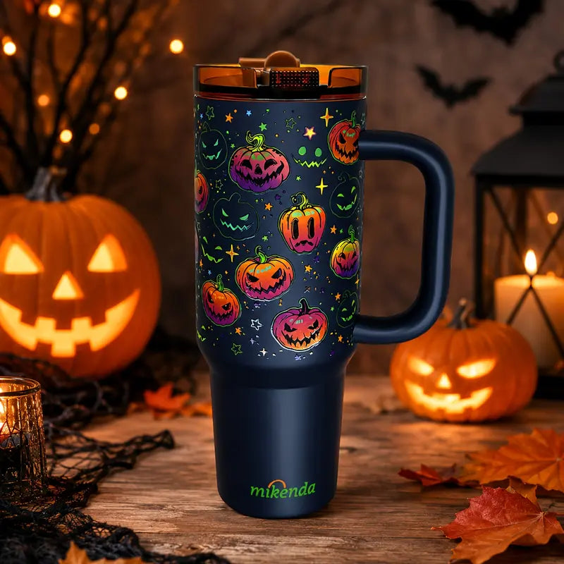 Halloween Glow in the Dark Tumbler with Handle & Straw – Pumpkin Pattern Insulated Travel Mug for Coffee, Water & Cold Drinks