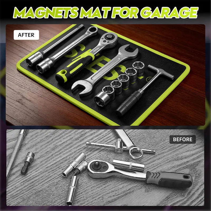 SEESE 3PC Flexible Magnetic Tool Mat & Tray Holder Set - PVC Non-Slip Magnetic Tool Tray for Garage, Workshop & Auto Repair