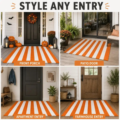 Halloween Orange and White Striped Outdoor Layering Rug