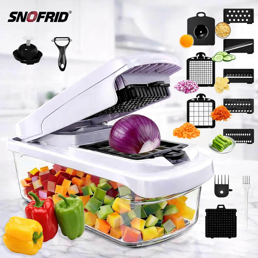 Snofrid Vegetable Chopper,15-in-1 Multifunctional Food Chopper,Professional Onion Chopper with 8 Blades,Vegetable Cutter with Container for Salad,Potato,Carrot,and Garlic; Essential Kitchen Tool