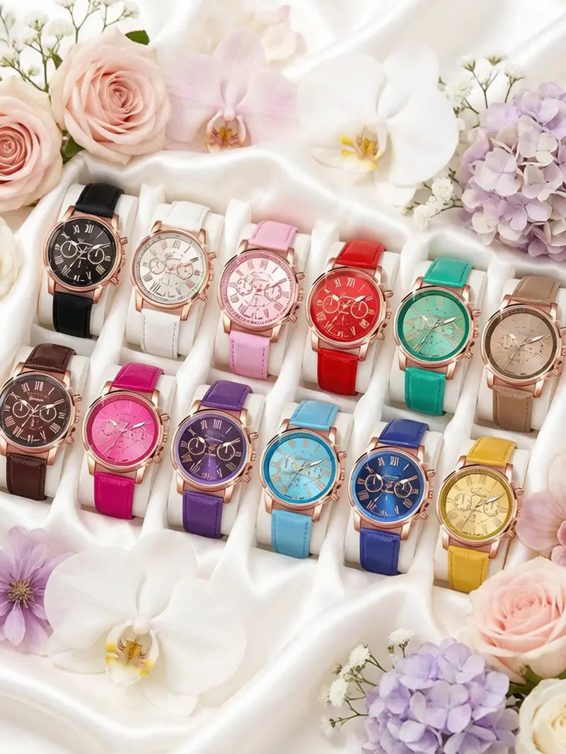 12-Piece Women's Quartz Watch Set with Leather Strap