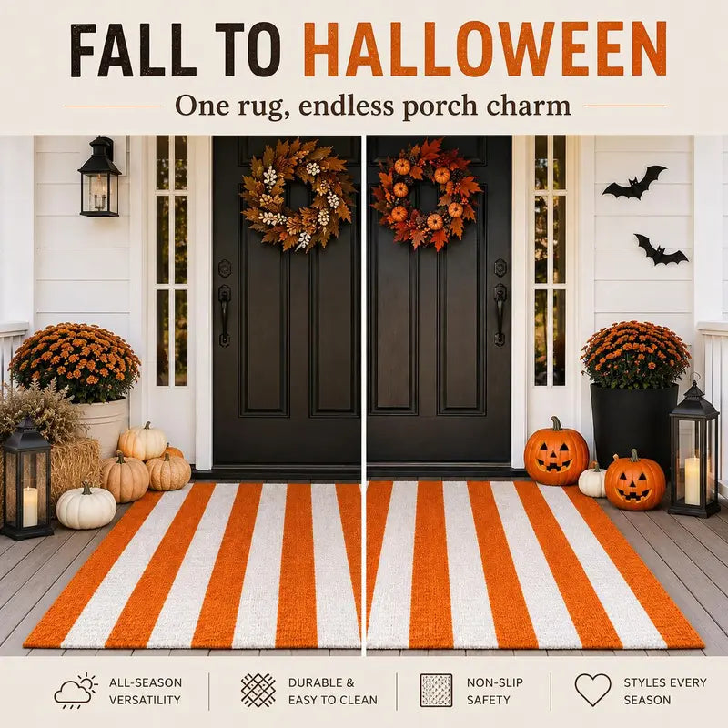 Halloween Orange and White Striped Outdoor Layering Rug