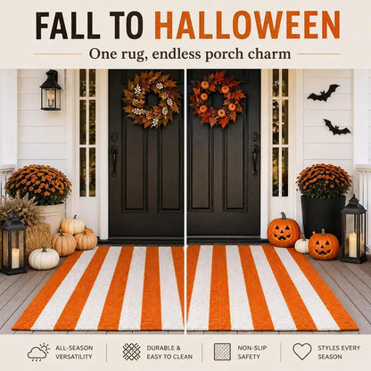 Halloween Orange and White Striped Outdoor Layering Rug