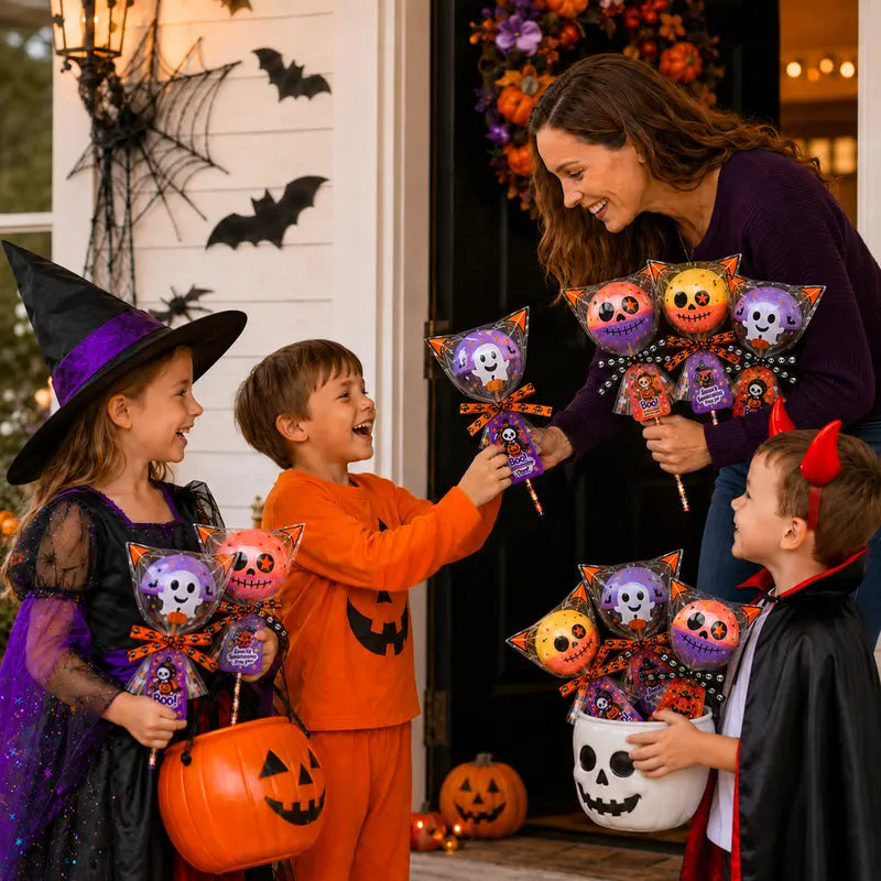 Unisex 24-Pack 2026 Upgraded Light-Up Giant Halloween Lollipop Stationery Kit with Cards, Halloween Party Favors for Kids, Classroom Exchange Gifts