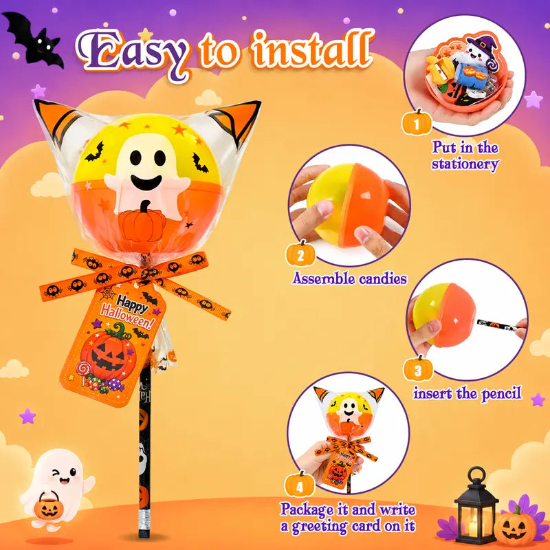 Unisex 24-Pack 2026 Upgraded Light-Up Giant Halloween Lollipop Stationery Kit with Cards, Halloween Party Favors for Kids, Classroom Exchange Gifts
