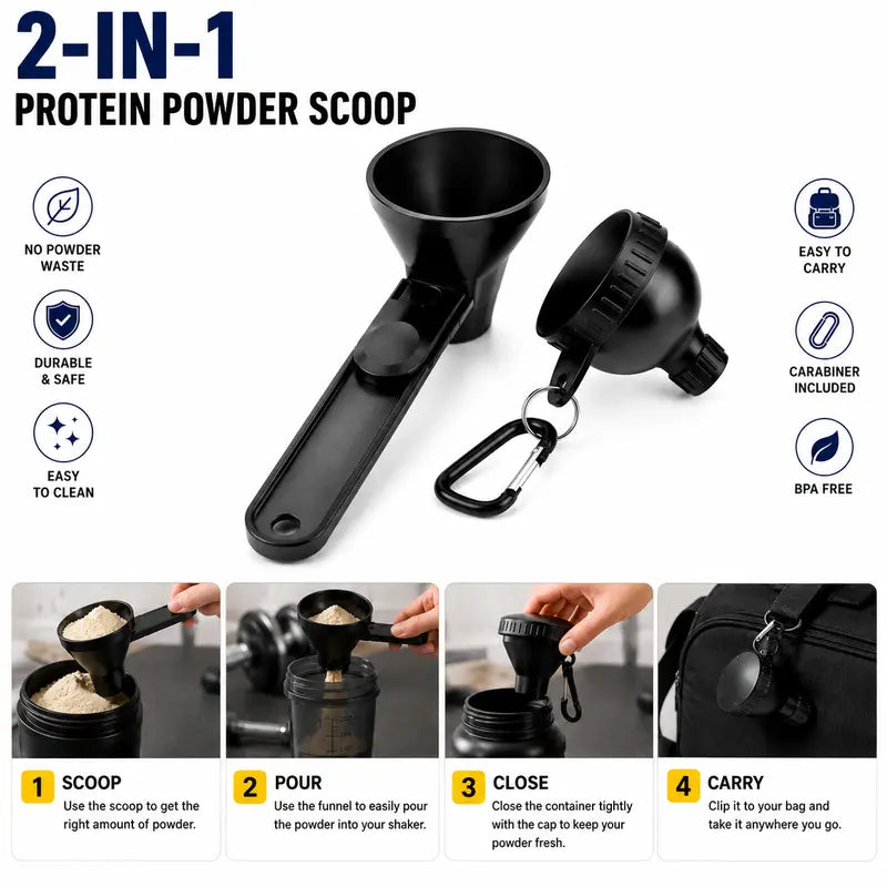 Compact BPA-Free 2-in-1 Protein Powder Scoop & Mini Funnel with Carabiner