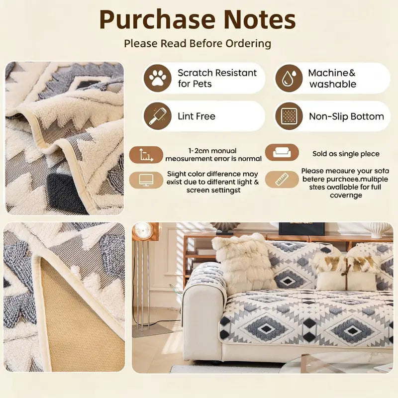 Geometric Plush Sofa Cover, Anti-Slip & Pet-Friendly
