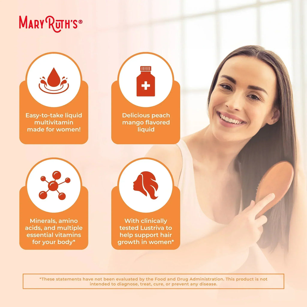 Liquid Multivitamin+Hair Growth | Clinically Tested for Thicker Hair & Facial Wrinkles in Women |  Lustriva Hair Growth Supplement | Peach Mango 15 Fl Oz