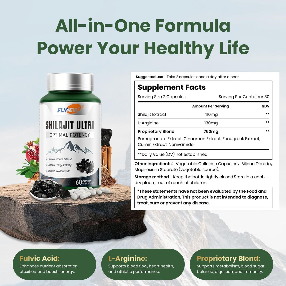 Shilajit for Men & Women with Fulvic Acid & L-Arginine – Himalayan Shilajit Capsules for Energy, Stamina & Immune Support, Non-GMO, Made in USA, 60 Ct (1,300mg/Serving)