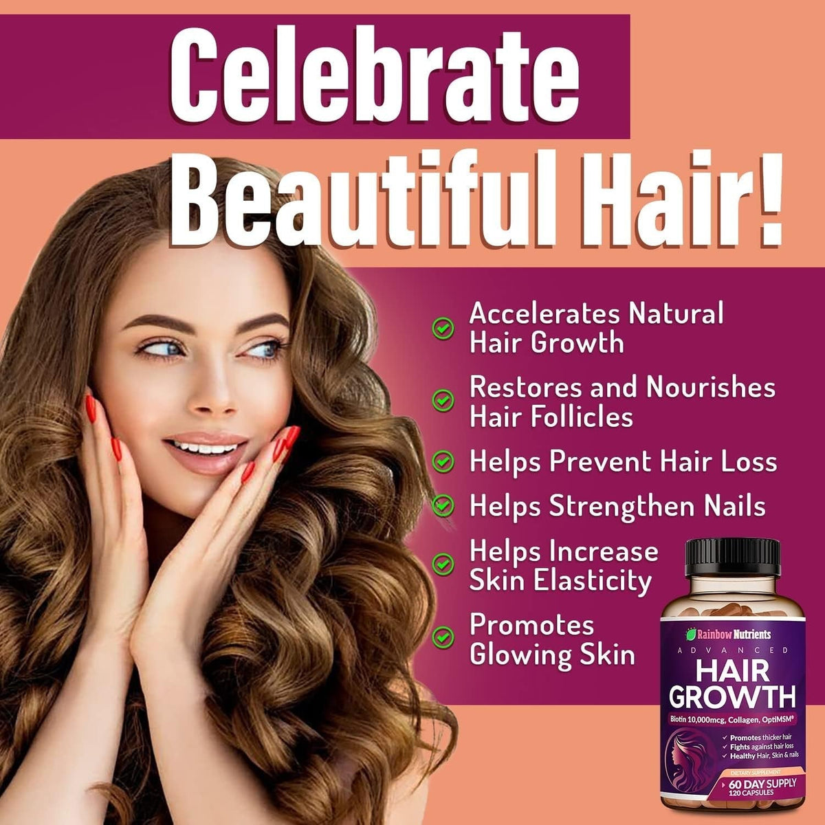 Rainbow Nutrients Hair Growth Formula Collagen & Biotin Complex for Healthy Hair, Skin & Nails from Within